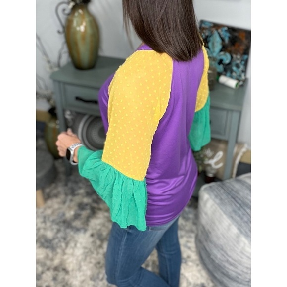 Mardi Gras Color Block Swiss Dot Flutter Bell Sleeves V Neck Tie Bottom 0724 - Picture 6 of 17